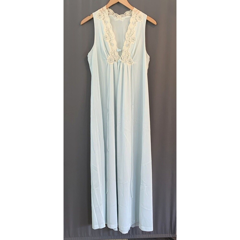 Vtg 70s Vanity Fair Nylon Nightgown Long Slip Sz 34 Blue Lace Bride Romance Glam